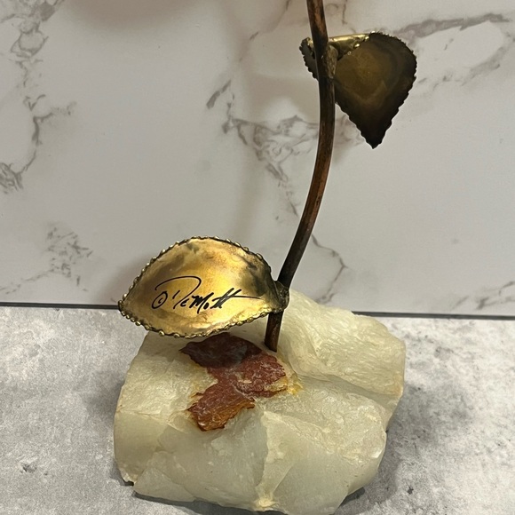 VINTAGE Mid Century Modern Rose Flower Leaves Copper Metal Art on Onyx Demott - Picture 7 of 11